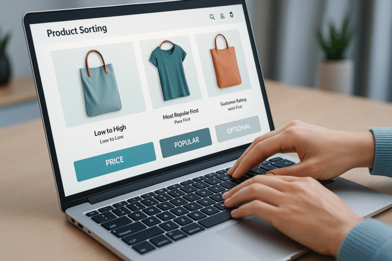 Illustration of an e-commerce platform showcasing product sorting features being used by a customer on a laptop.
