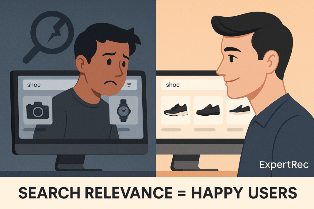 Illustration showing contrasting user experience with poor vs. good search relevance on a website.