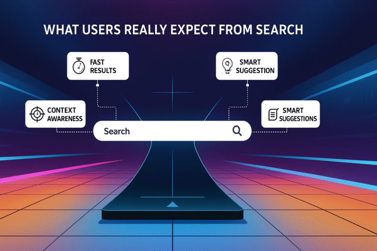 Futuristic infographic showing a central search bar with arrows pointing to user expectations like 'Fast Results', 'Context Awareness', and 'Smart Suggestions' on a neon-lit gradient background. Titled 'What Users Really Expect From Search' in a clean, modern style.