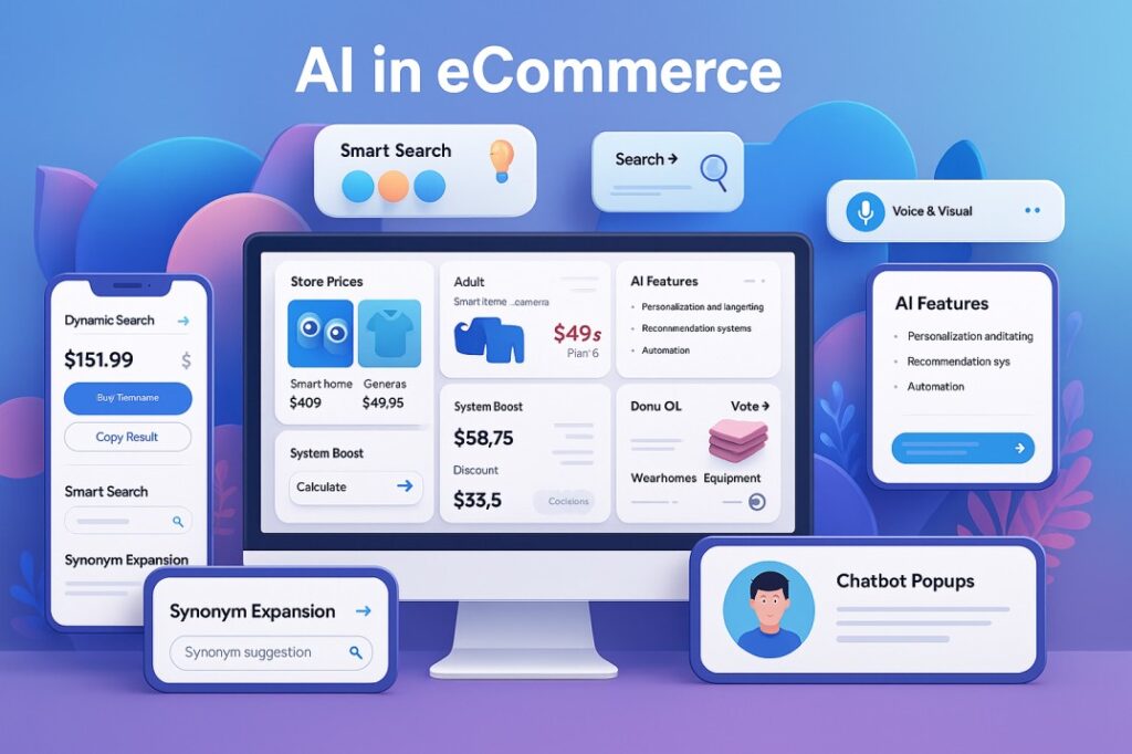 Infographic-style image showing how AI is transforming eCommerce—from smart search to personalization and automation—within a digital interface.