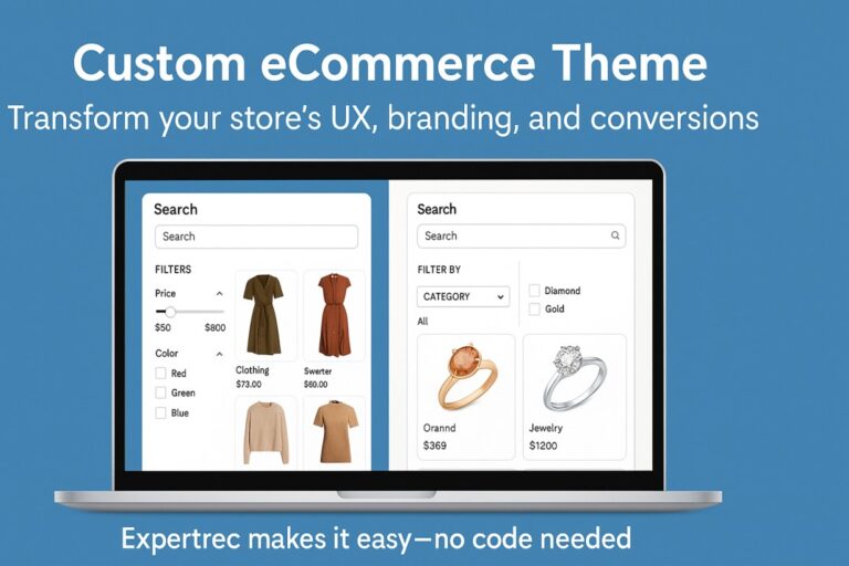 A clean digital graphic showing a laptop screen with two custom eCommerce search interfaces—one for clothing and one for jewelry. Each side features filters, product listings, and prices styled to match the store’s branding. The background is blue with bold text that reads “Custom eCommerce Theme – Transform your store’s UX, branding, and conversions,” and a footer line stating “Expertrec makes it easy—no code needed.”