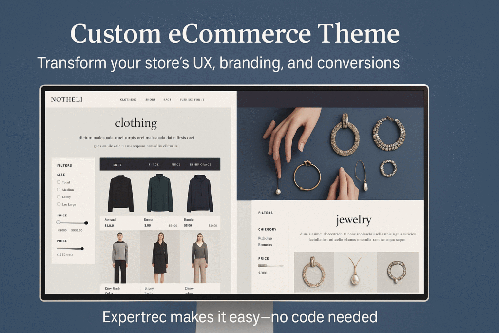 Side-by-side example of custom eCommerce themes with matched search UI for different product categories.

