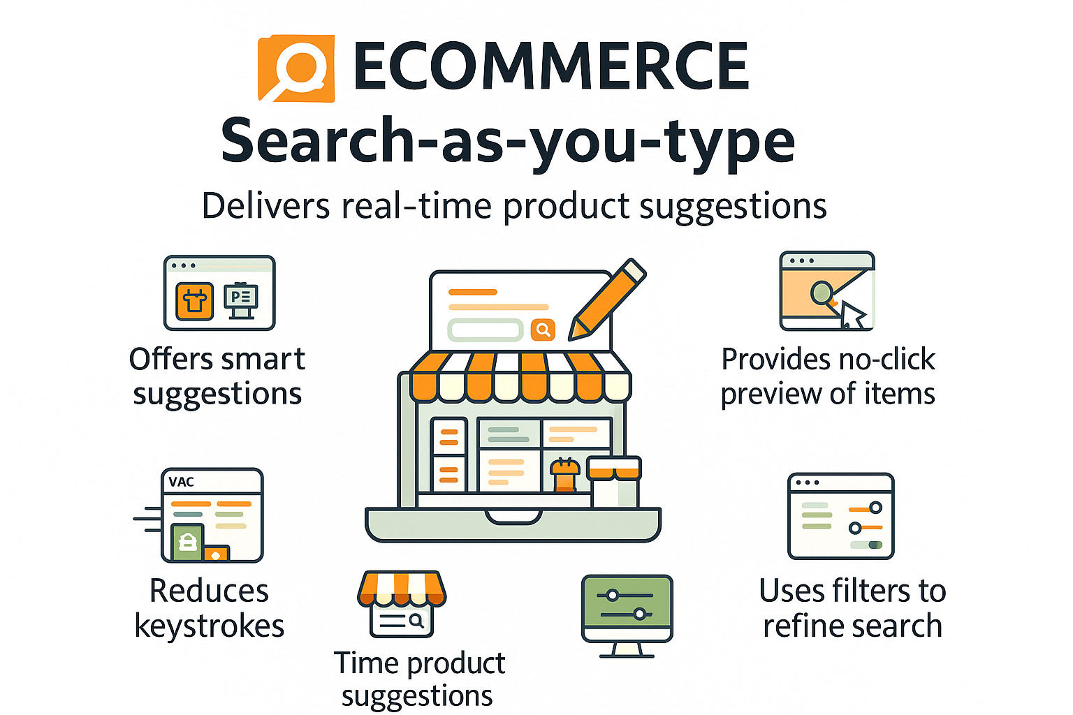 Infographic showing how eCommerce search-as-you-type delivers real-time product suggestions and boosts conversions.