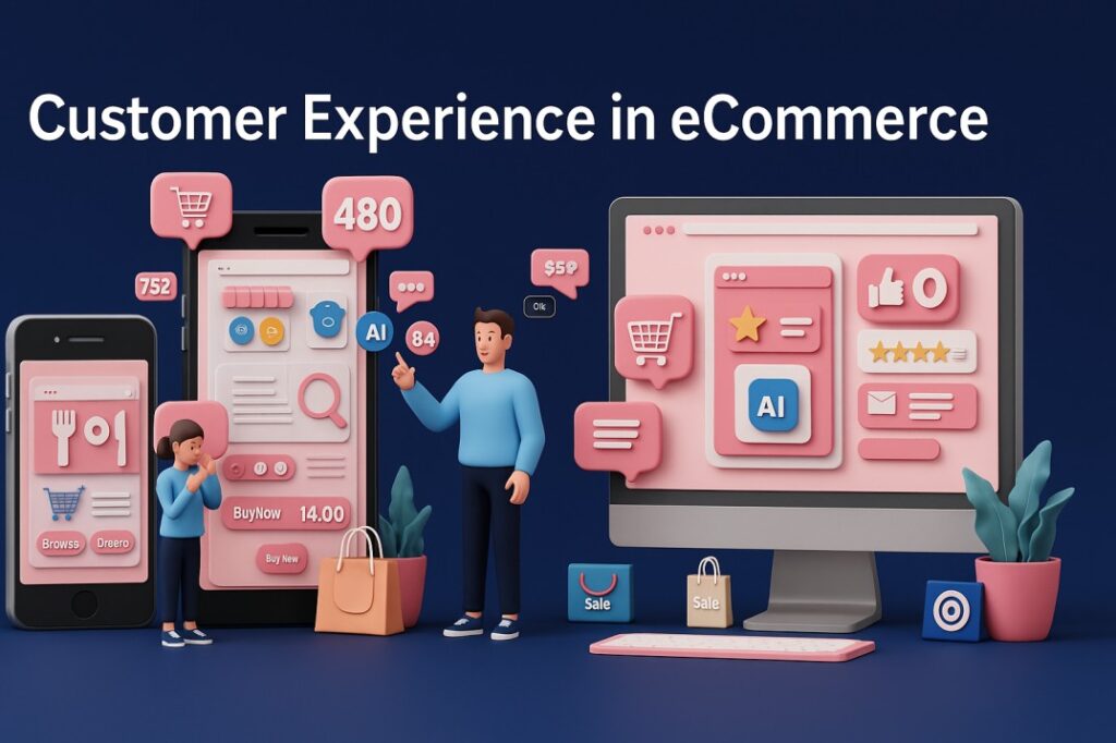 3D illustration of a seamless eCommerce customer experience with AI chatbot, real-time search suggestions, and product recommendations on multiple devices.