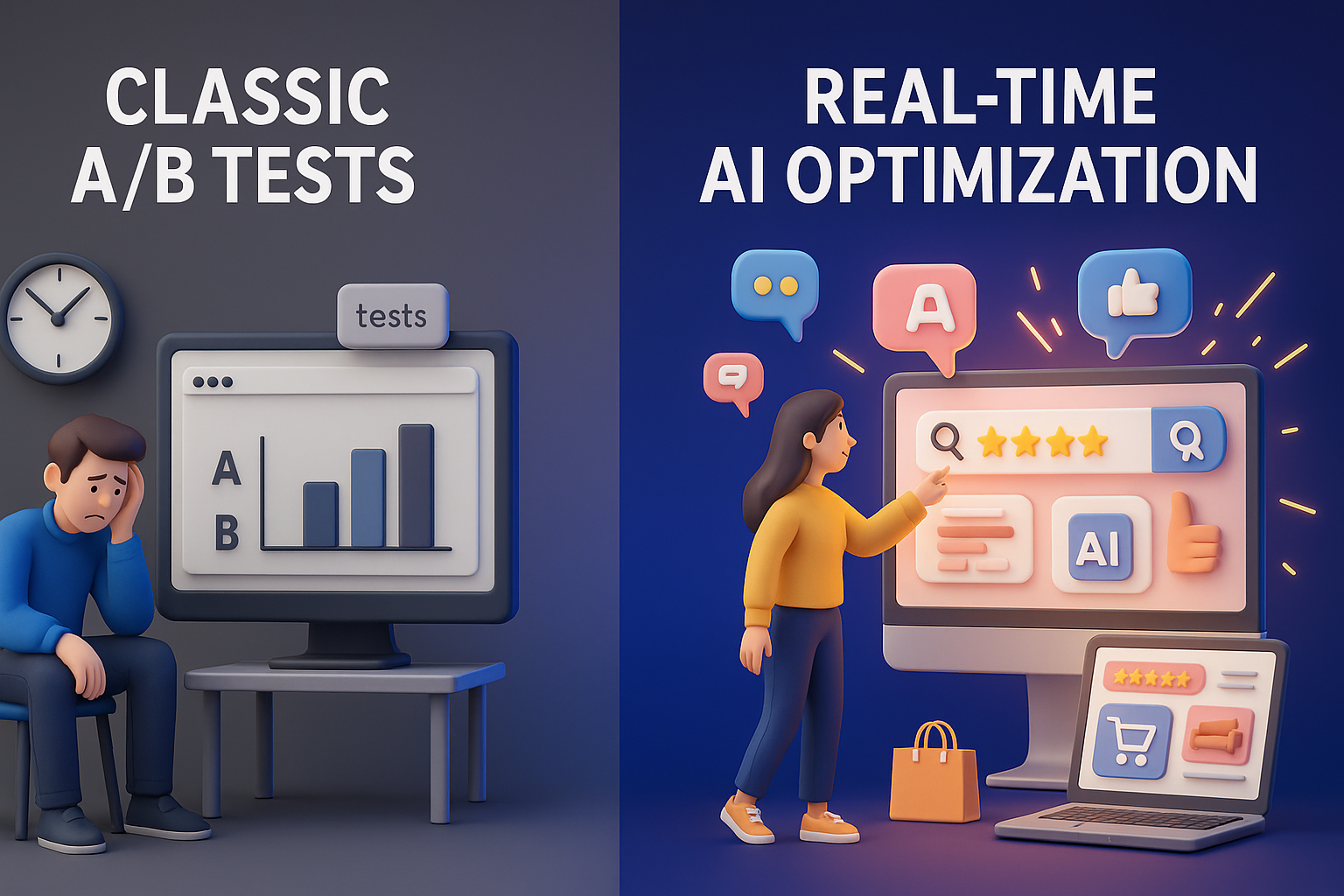 3D illustration comparing outdated A/B testing with real-time AI optimization in eCommerce, highlighting the contrast between slow decision-making and dynamic shopper engagement.