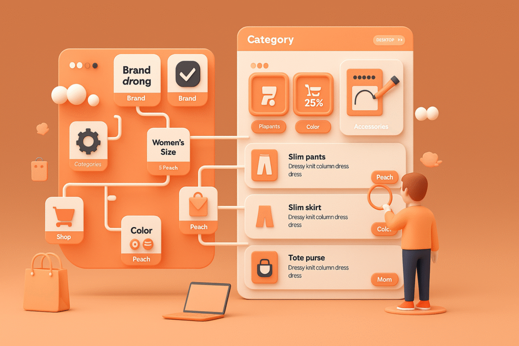 3D-rendered illustration of an eCommerce product listing with an active filter tree showing options for brand, size, and price. User interaction dynamically updates visible products.