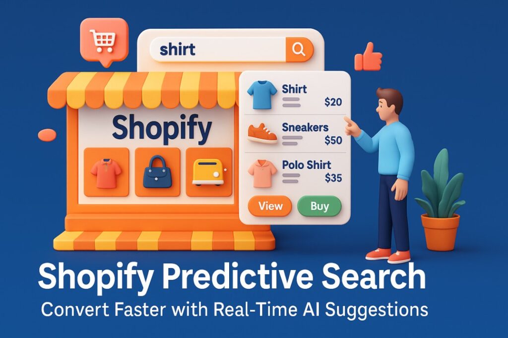 3D illustration of a Shopify storefront with a predictive search bar showing real-time product suggestions including shirts, sneakers, and prices, as a shopper interacts with the interface.