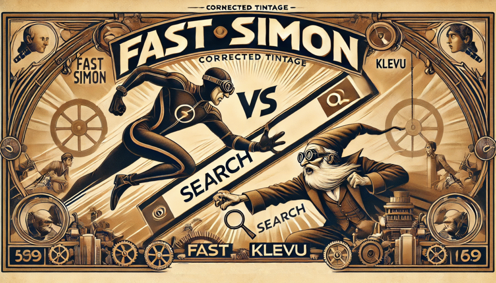 A cartoon image featuring a dramatic face-off between two characters representing Fast Simon and Klevu.Both characters are clashing over a glowing search bar at the center.