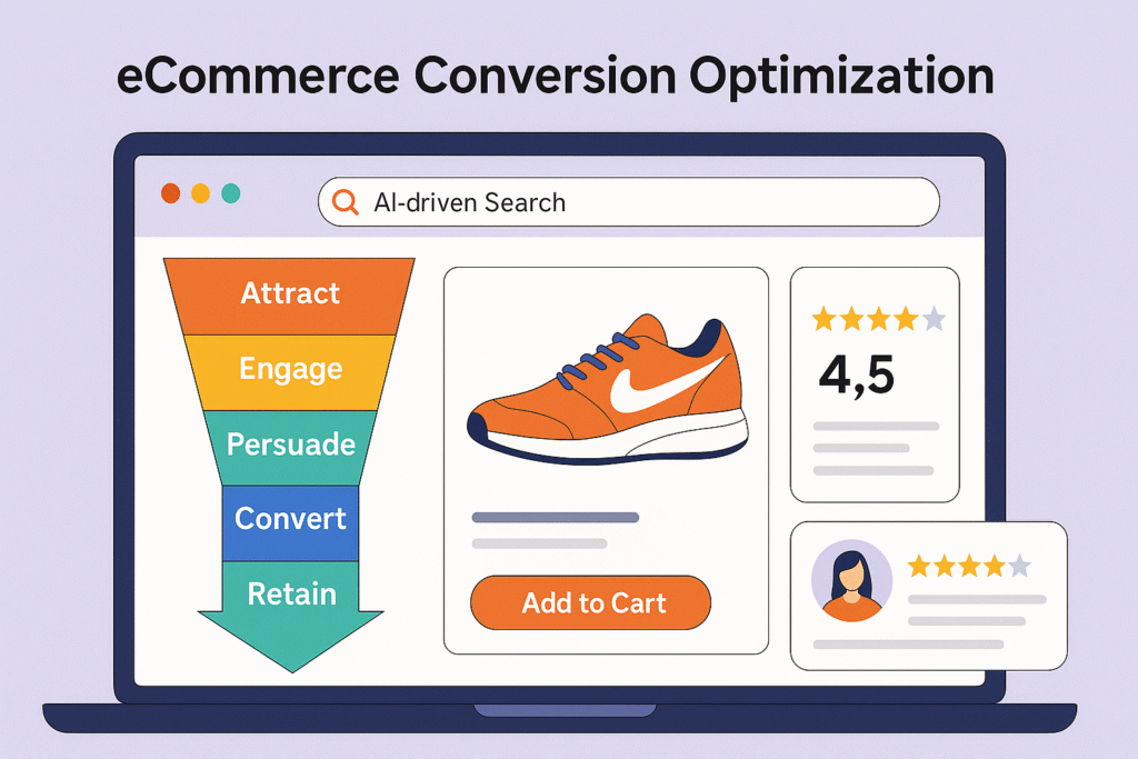 ð¼️ Featured Image Suggestion Prompt: Illustration showing a clean eCommerce product page with AI-driven search, a conversion funnel diagram, and product reviews highlighted.