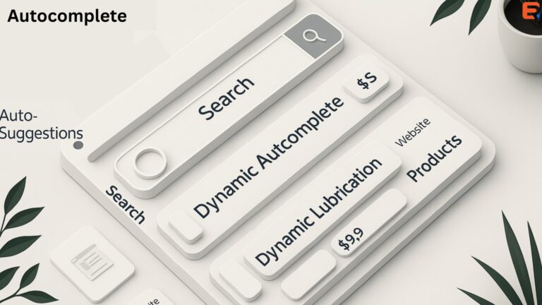 E-commerce search bar displaying autocomplete suggestions with product images and prices.