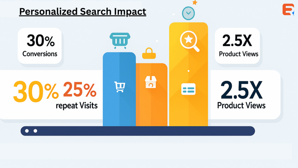 Infographic showing stats like “30% higher conversions”, “25% higher repeat visits”, “2.5x more product views” when personalized search is implemented.