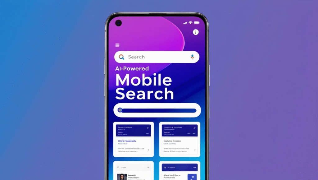 Smartphone screen displaying an AI-powered mobile commerce search interface with a vibrant purple and blue background, showcasing eCommerce product results and suggestions.