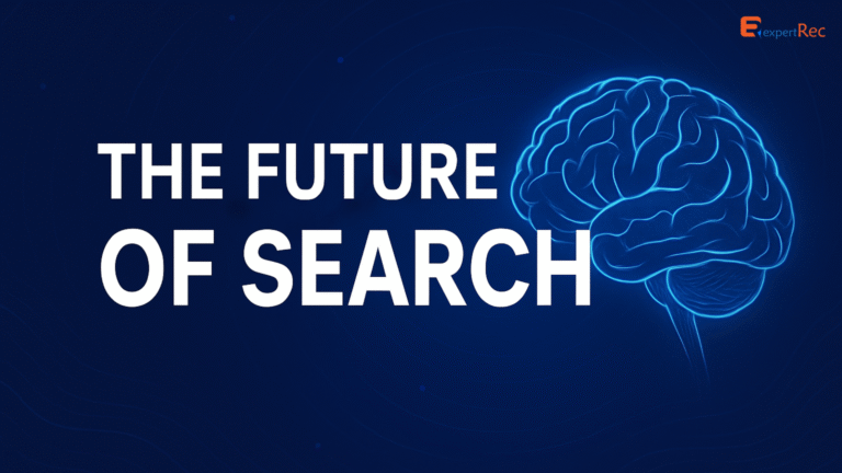 Futuristic digital graphic featuring the phrase 'The Future of Search' in bold white text on a dark blue background, with a glowing neon blue human brain illustration on the right side, symbolizing artificial intelligence and innovation in search technology.