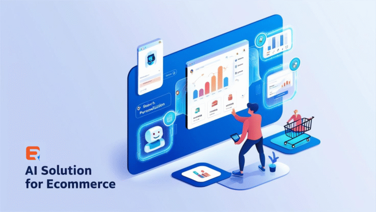 Illustration of an AI-enhanced eCommerce interface with icons for smart search, chatbots, dynamic pricing, and product personalization.
