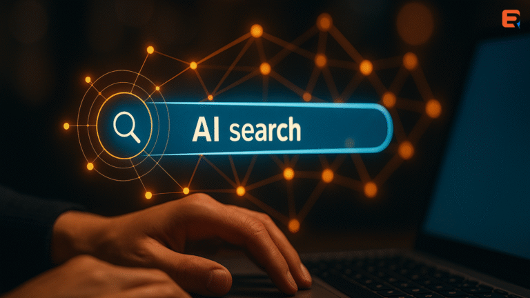 Illustration of a shopper using an e-commerce search bar powered by AI, displaying relevant product suggestions based on user intent.