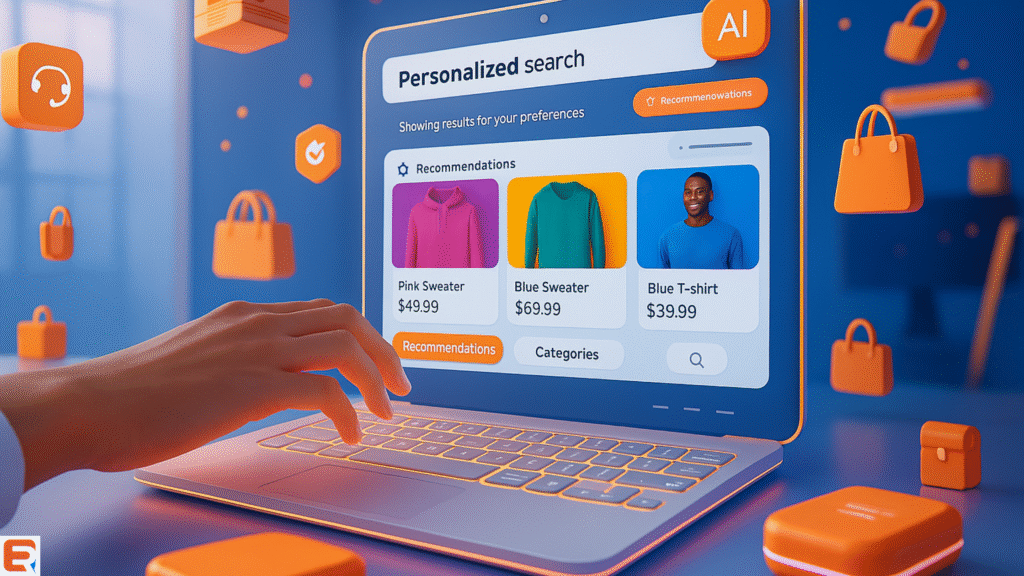 Personalized e-commerce search interface showing tailored product suggestions as a user types, with AI icons subtly indicating smart personalization.