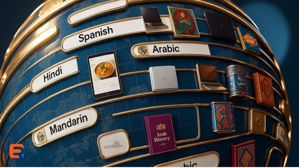 Global ecommerce search visualized through multi-language search bars and products.