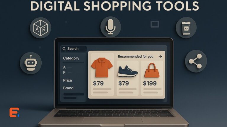 A realistic 3D-style digital illustration of a laptop showcasing an eCommerce interface. The screen displays personalized product recommendations with price tags, while surrounding icons represent digital shopping tools like AR, chatbot, voice search, mobile checkout, and social sharing—symbolizing the integration of modern technologies in online retail.