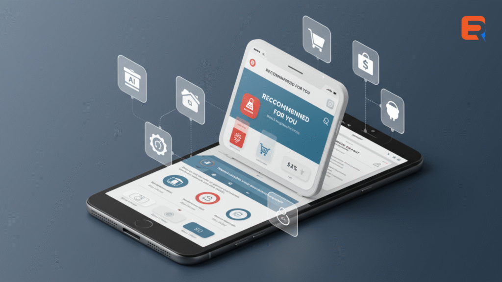 AI-powered personalized product recommendation panel in a modern eCommerce UI with dynamic content based on user behavior.