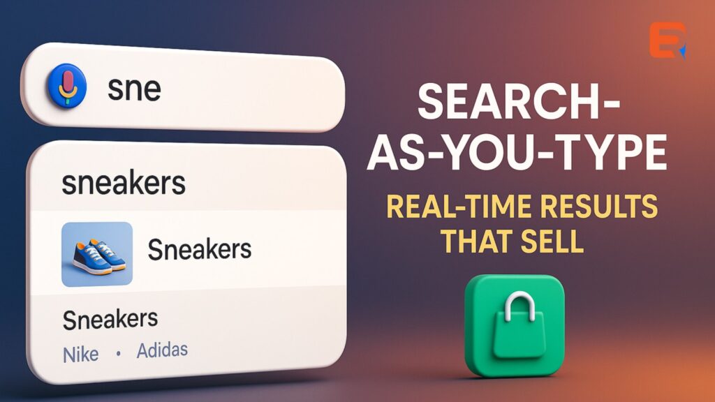3D-rendered illustration of an eCommerce search-as-you-type feature, showing a dynamic search bar with real-time suggestions for 'sneakers,' including product thumbnails and brand names, set against a vibrant gradient background with a green shopping bag icon and bold headline text.