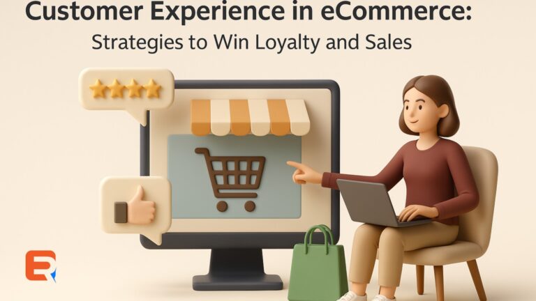 3D illustration of a woman shopping online using a laptop, pointing at a desktop screen displaying a shopping cart icon, five-star rating, and thumbs-up symbol—highlighting positive customer experience in eCommerce with smooth interface and satisfaction cues.