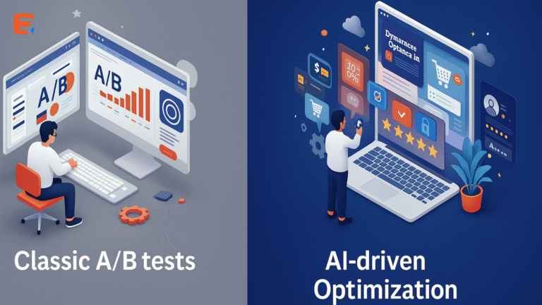 3D illustration comparing classic A/B testing and AI-driven optimization in eCommerce. The left side shows a man analyzing A/B test results on monitors with charts, while the right side depicts another user interacting with a dynamic AI-optimized interface featuring shopping icons, star ratings, and personalization elements.