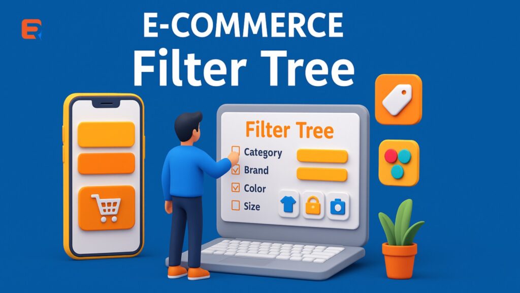 3D illustration of a person using a laptop to interact with an eCommerce filter tree interface, featuring filter options like category, brand, color, and size, set against a bright blue background with mobile and desktop UI elements.