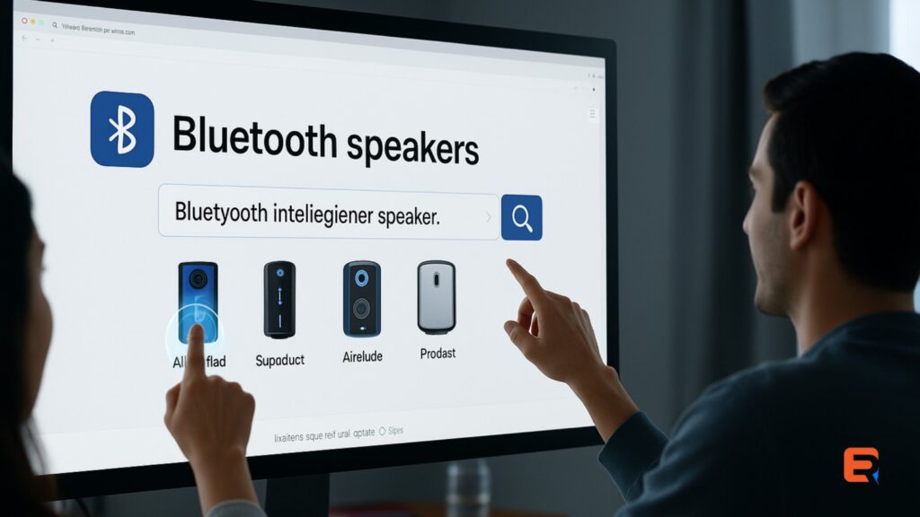infographic showing a user typing “bluutooth speekers” into an eCommerce search bar, and the system intelligently correcting it to “Bluetooth speakers” with a smiling customer clicking the product