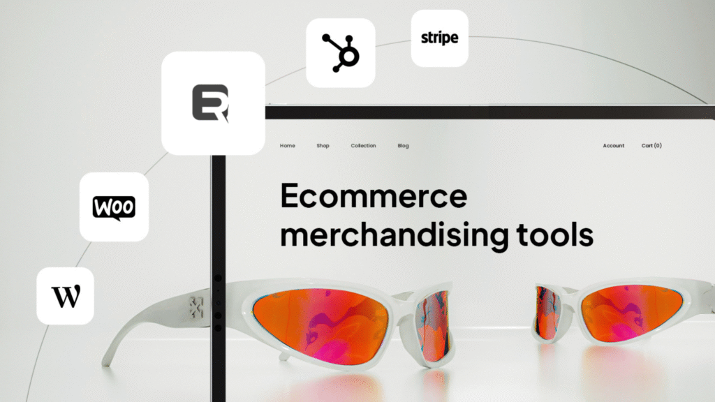Modern eCommerce interface displaying “Ecommerce merchandising tools” with logos of platforms like WooCommerce, Stripe, HubSpot, and ExpertRec, highlighting integration and merchandising capabilities.
