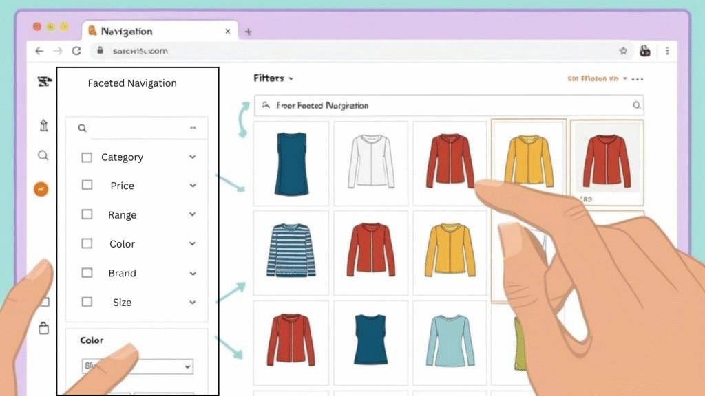 Illustration of faceted navigation on an eCommerce website, showing filters like category, price, color, and size on the left, and filtered product results on the right.