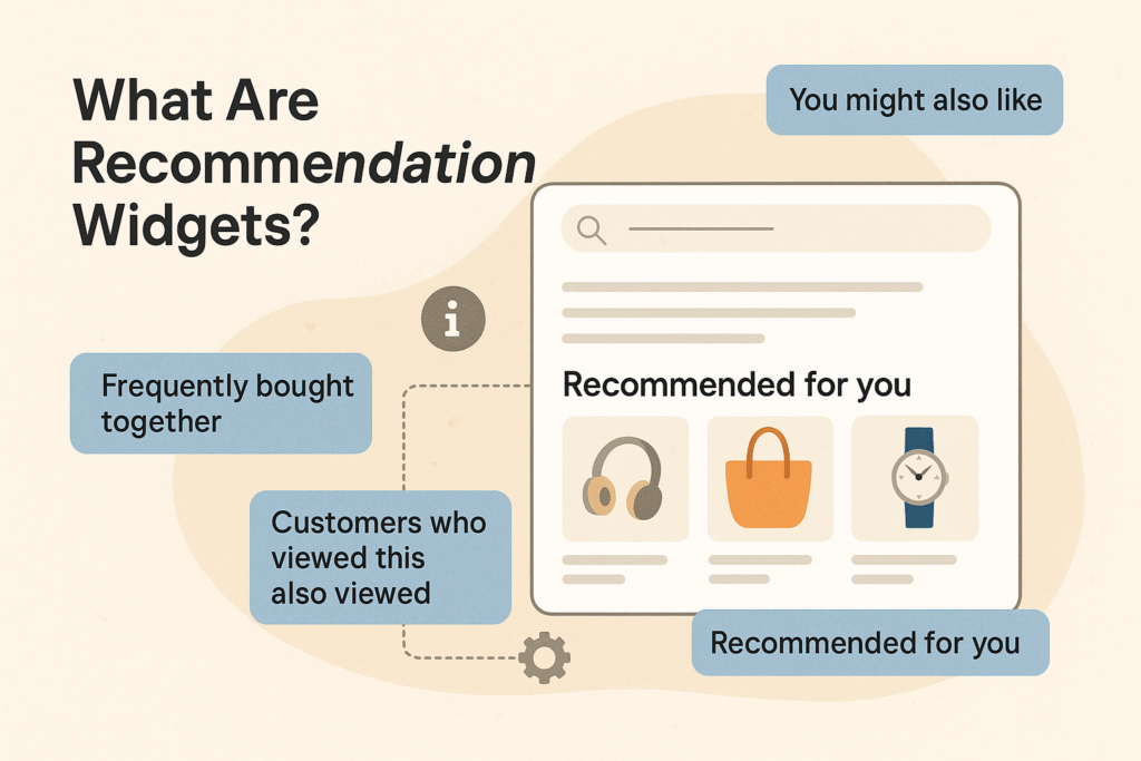 What Are Recommendation Widgets?

Recommendation widgets are dynamic content blocks embedded within your ecommerce site—typically on product pages, cart pages, or even the homepage. They use real-time data and machine learning to suggest relevant products tailored to each visitor’s behavior, preferences, and past interactions.