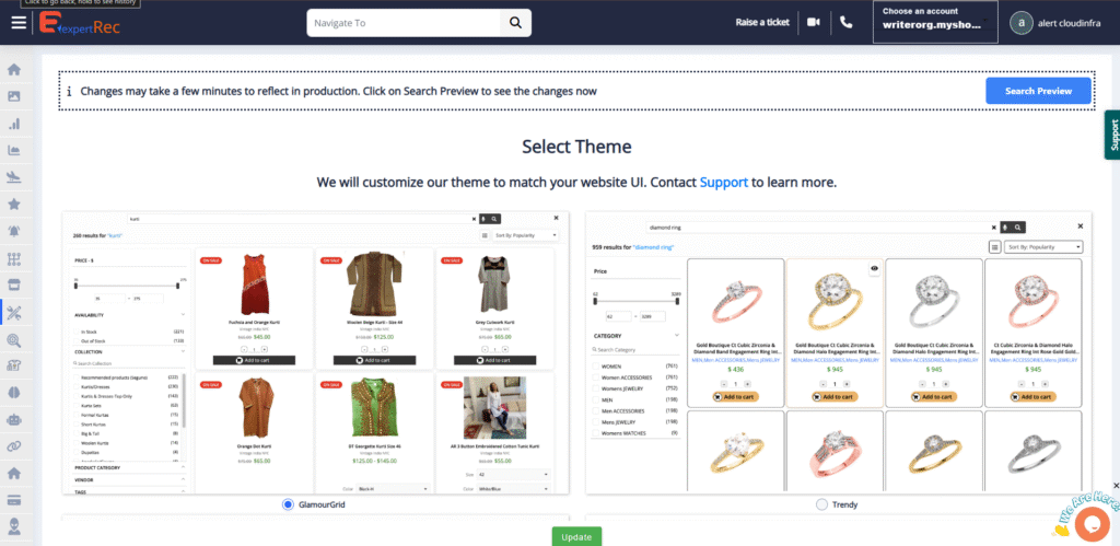 Expertrec's theme customization dashboard showing custom product layouts for apparel and jewelry, matched to store branding.