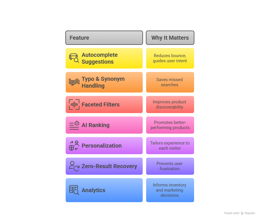 Feature
Why It Matters
Autocomplete Suggestions
Reduces bounce, guides user intent
Typo & Synonym Handling
Saves missed searches
Faceted Filters
Improves product discoverability
AI Ranking
Promotes better-performing products
Personalization
Tailors experience to each visitor
Zero-Result Recovery
Prevents user frustration
Analytics
Informs inventory and marketing decisions

