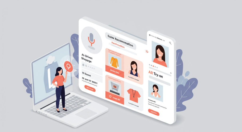 Modern eCommerce interface displaying essential digital shopping tools like AI recommendations, voice search, and AR try-ons.