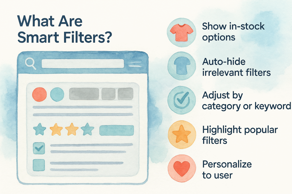 Smart filters are advanced filtering systems that automatically adapt based on product data, user behavior, and contextual relevance. Unlike static filters that display every option, smart filters only show what’s useful for the current search or category.