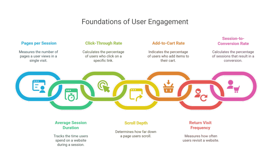 Key Metrics That Define User Engagement





Pages per session



Average session duration



Click-through rate (CTR)



Scroll depth



Add-to-cart rate



Return visit frequency



Session-to-conversion rate