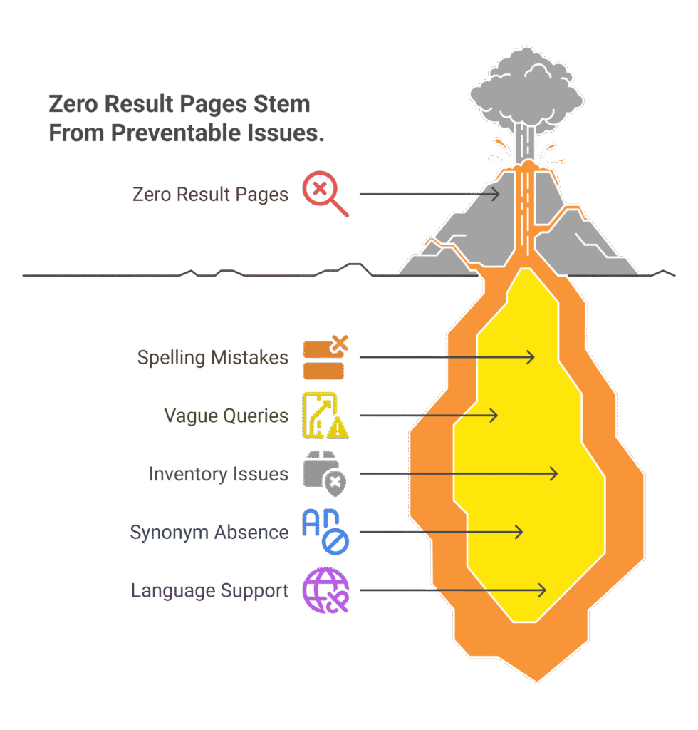 Common Causes of Zero Results Pages





Spelling mistakes (e.g., “nikes” instead of “Nike”)



Vague or long-tail queries (“running shoes with arch support under $100”)



Out-of-stock or discontinued items



Missing synonyms or alternate product names



Unsupported languages or characters