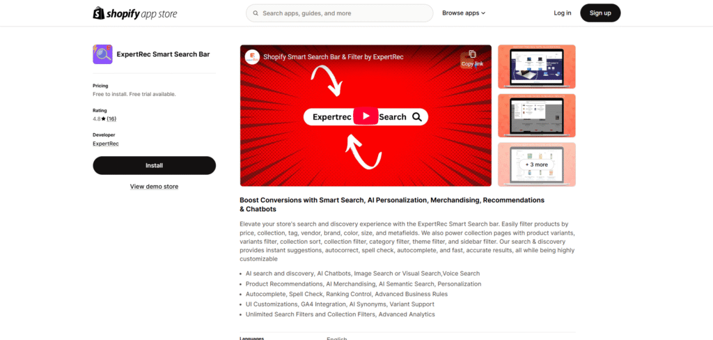 expertrec search plugin for shopify